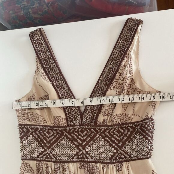 BCBG Beaded Cream & Brown Floral Silk Gown Size 2 - Picture 14 of 16